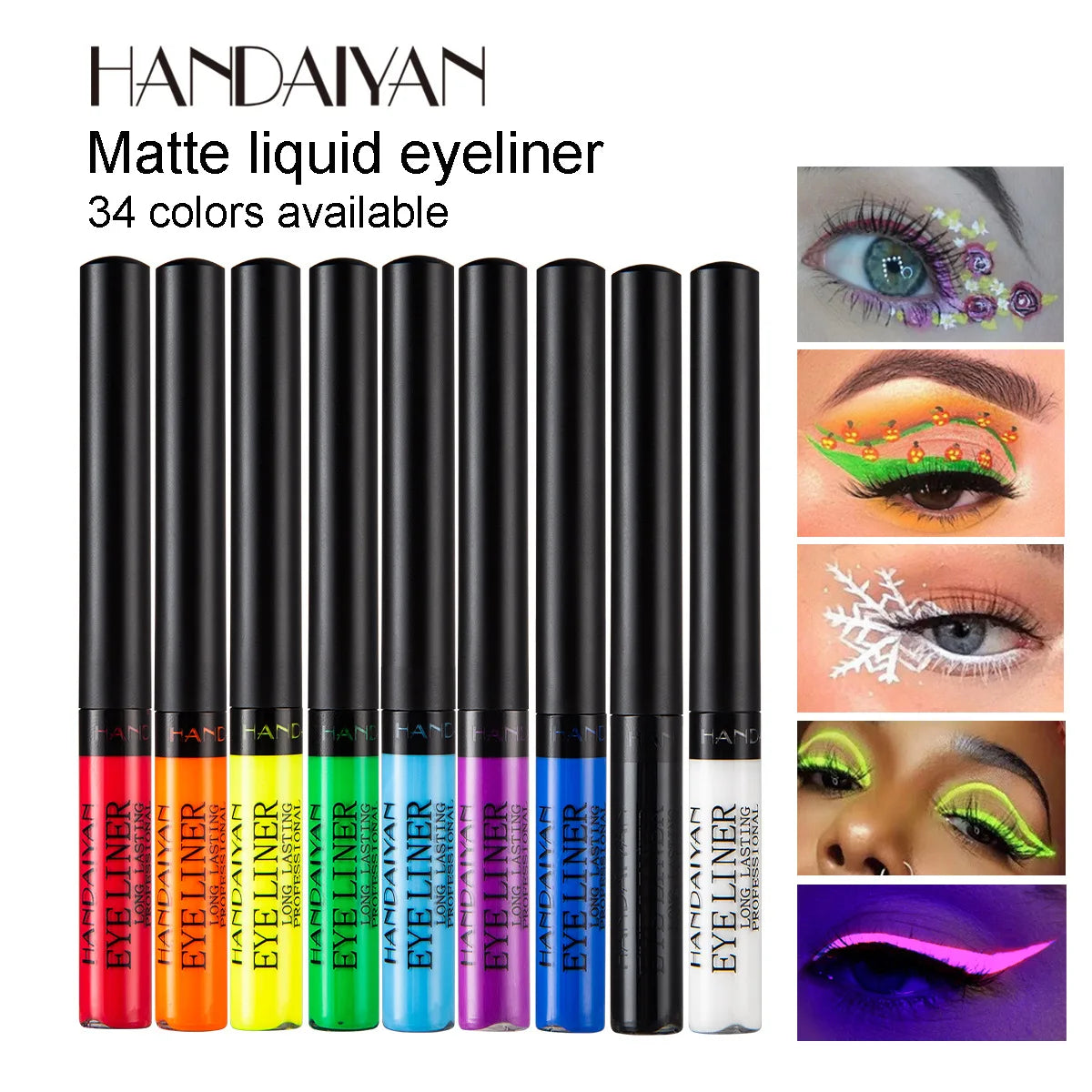 Eyeliner Néon UV — stylo liquide waterproof, fini mat, couleurs vives jaune, rouge et violet, maquillage yeux