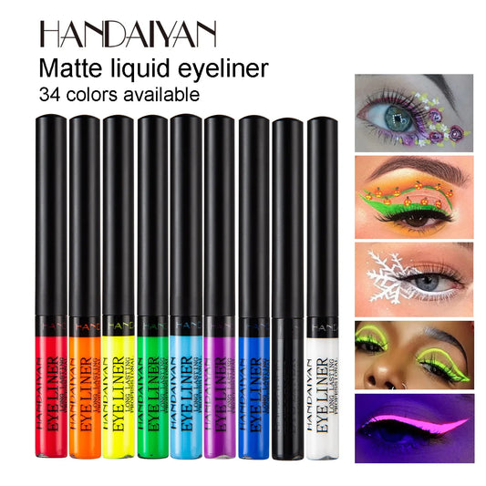 Eyeliner Néon UV — stylo liquide waterproof, fini mat, couleurs vives jaune, rouge et violet, maquillage yeux