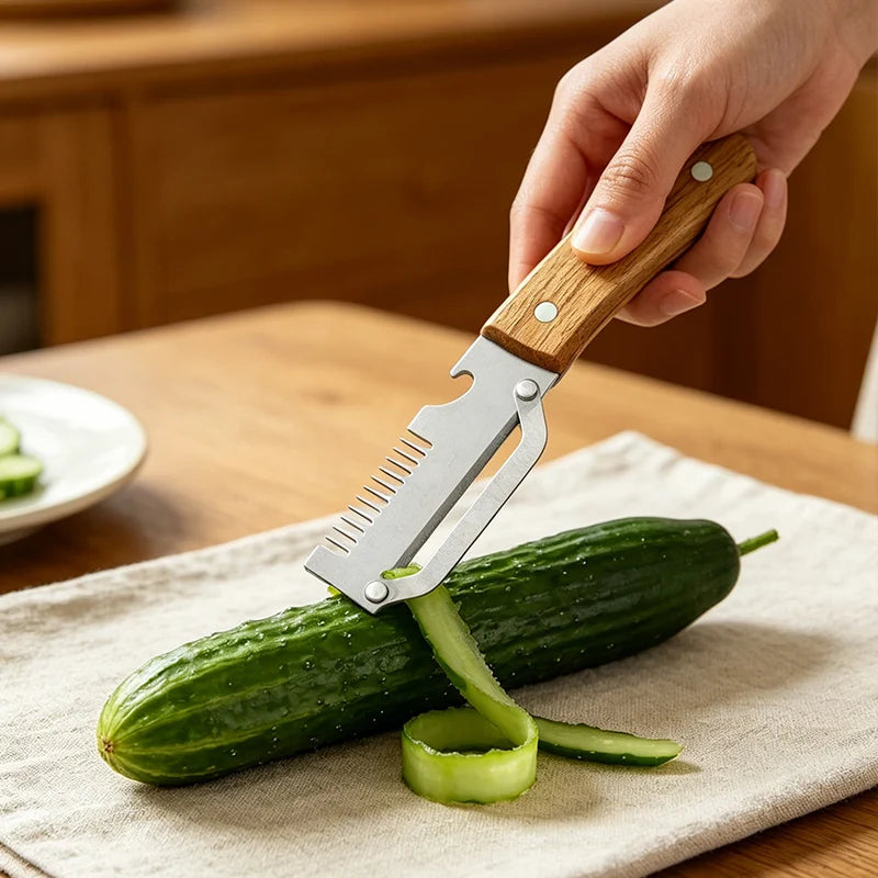 3-in-1 Stainless Steel Vegetable Peeler with Wooden Handle – Fruit & Potato Peeler with Built-In Bottle Opener