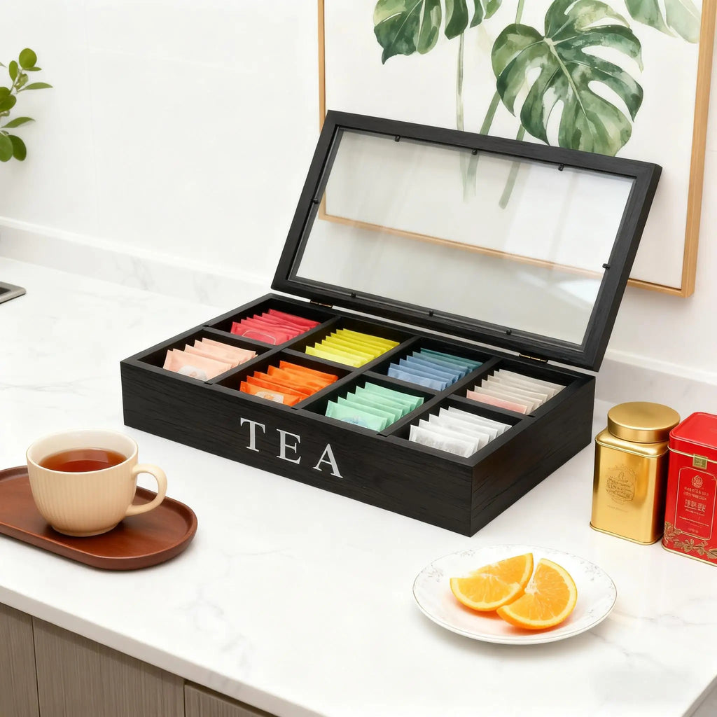 Wooden Tea Bag Storage Box with Clear Lid – 8 Compartment Organizer Case