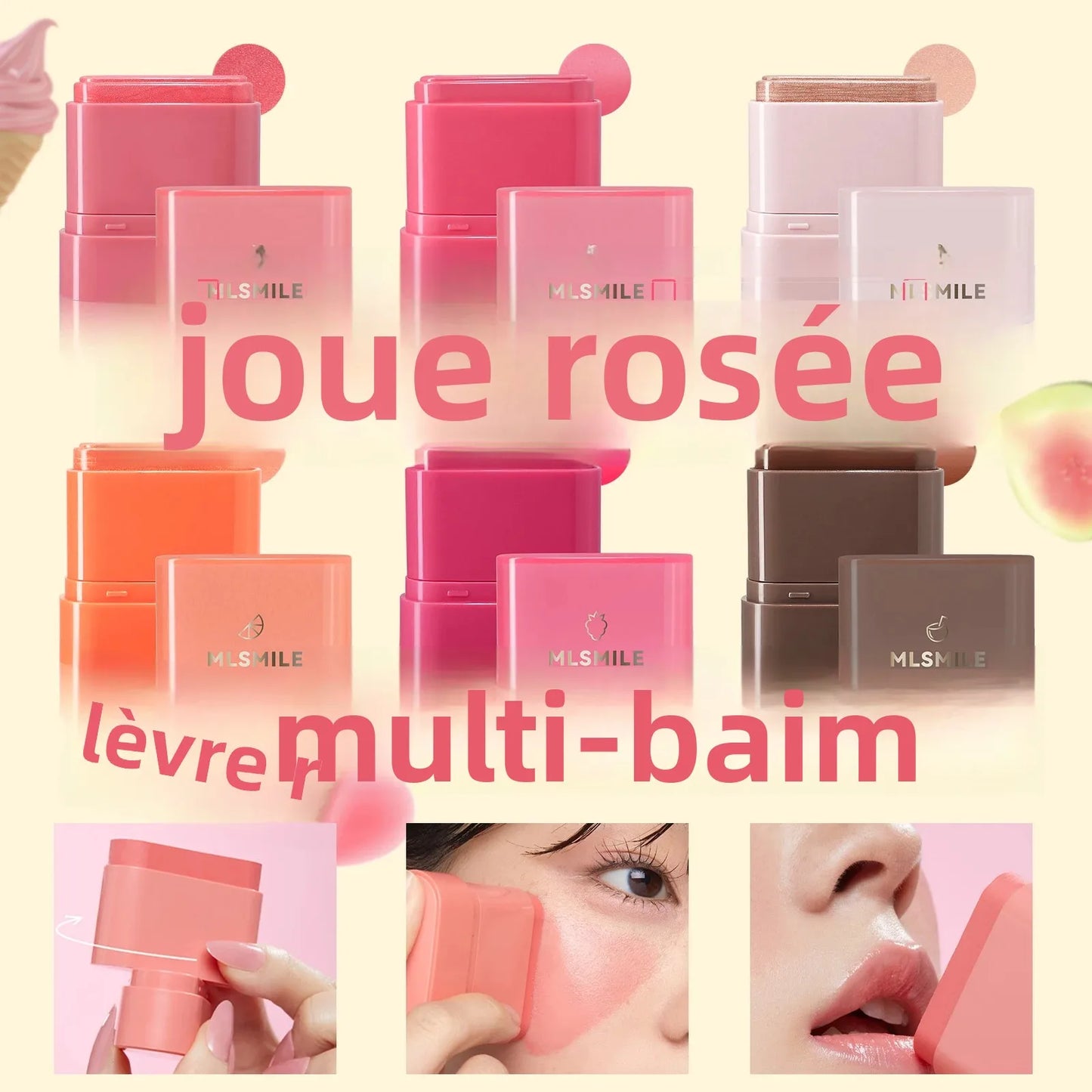 Blush Stick Longue Tenue 2 en 1 — Teinte pour Lèvres et Joues, Waterproof, Saveur Fruité, Crème Illuminatrice pour Contouring, Texture Crémeuse et Facile à Estomper