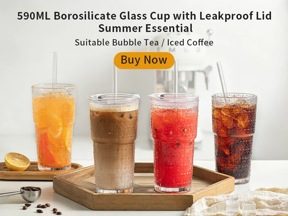 600ml Ribbed Glass Coffee Cup with Lid & Straw – Transparent Tumbler for Iced Coffee, Juice & Cold Drinks