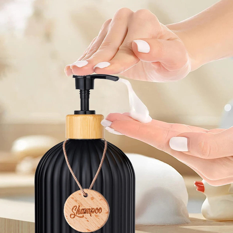 Striped Soap Dispenser with Bamboo Pump – Refillable Kitchen & Bathroom Bottle