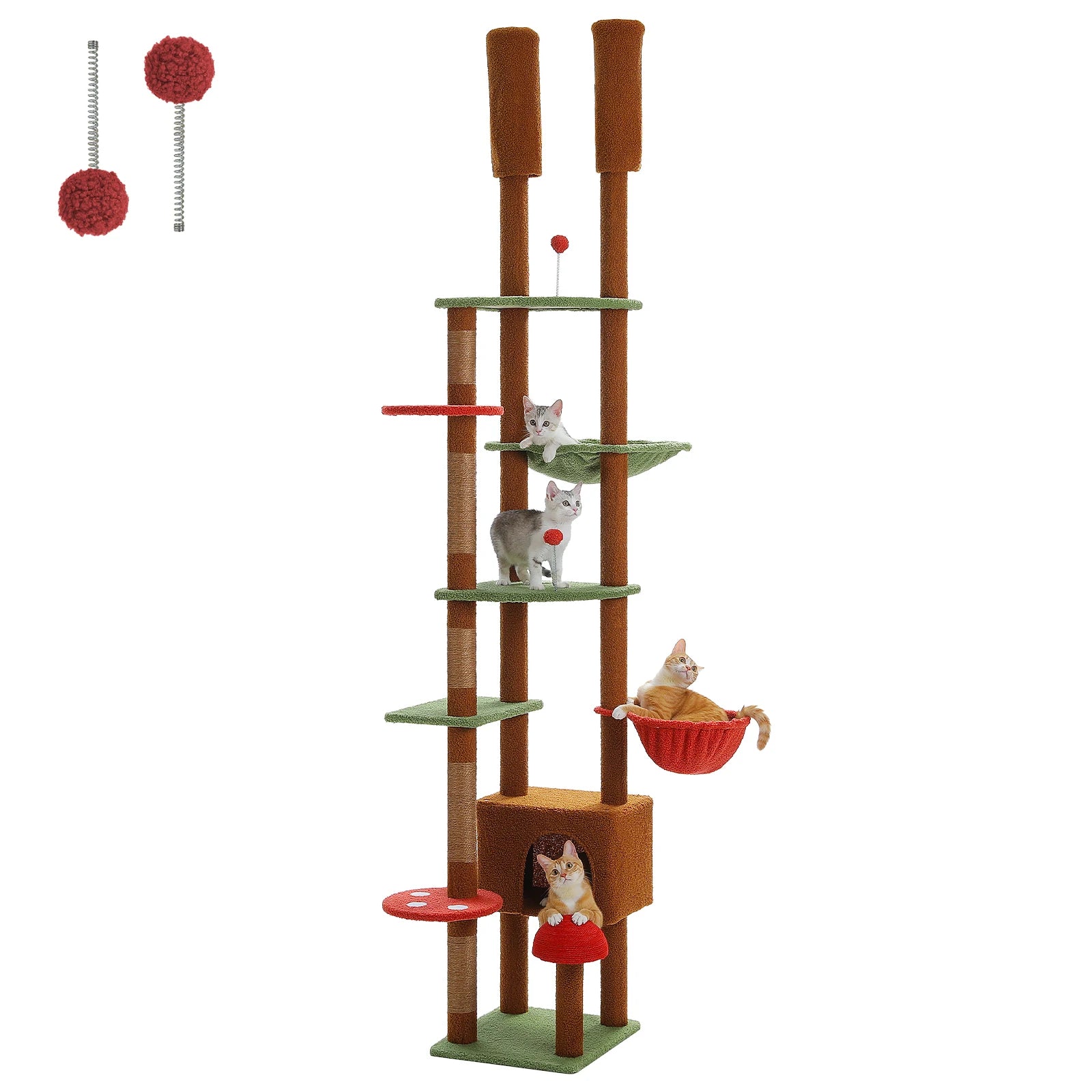 Floor-to-Ceiling Adjustable Wooden Cat Tree – Cat Tower with Hammock & Condo