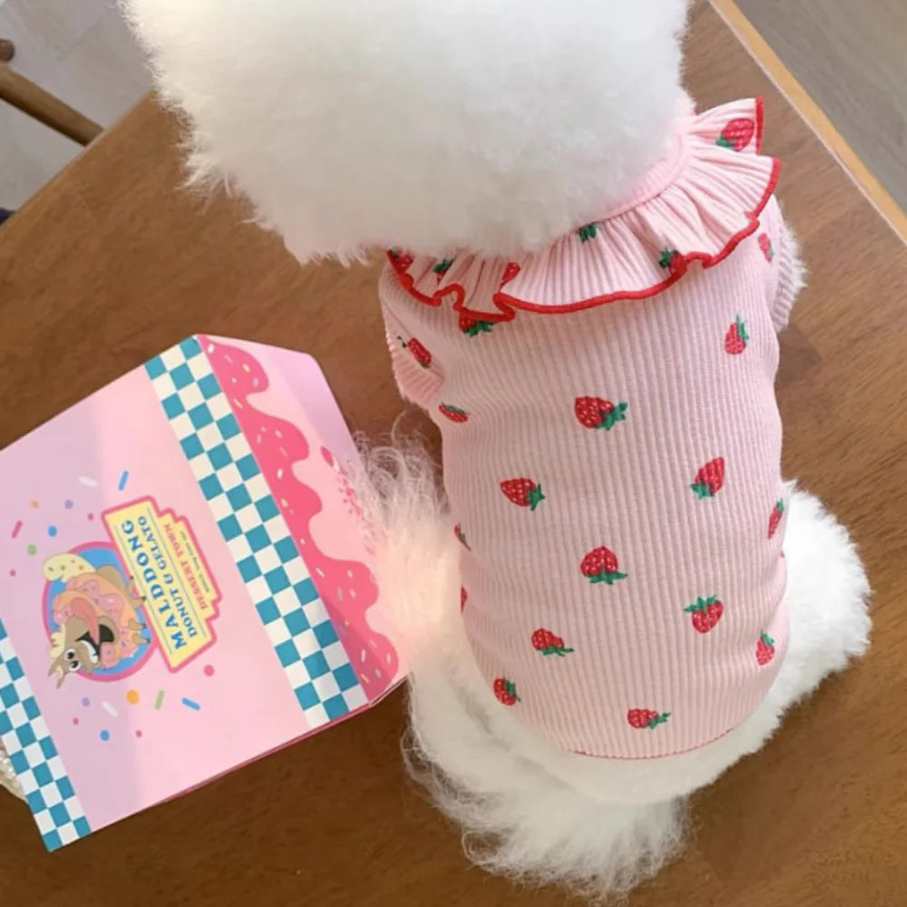 Strawberry Print Pet Dress – Cute Lace Summer Outfit for Small Dogs & Cats