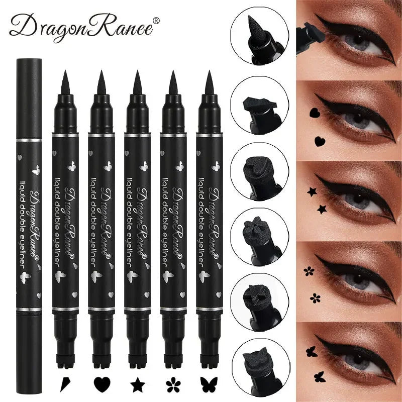 Stylo Eyeliner Noir avec Tampon – Double Embout, Étoile, Longue Tenue, Étanche, Crayon Yeux, Tampon Ailé, Maquillage des Yeux, Cosmétiques