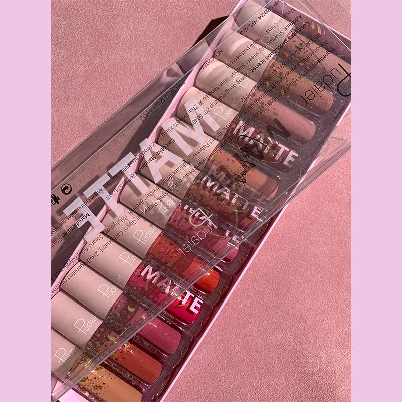 Set 12 rouges à lèvres liquides nude et rouge mat non-collant waterproof longue tenue maquillage femmes