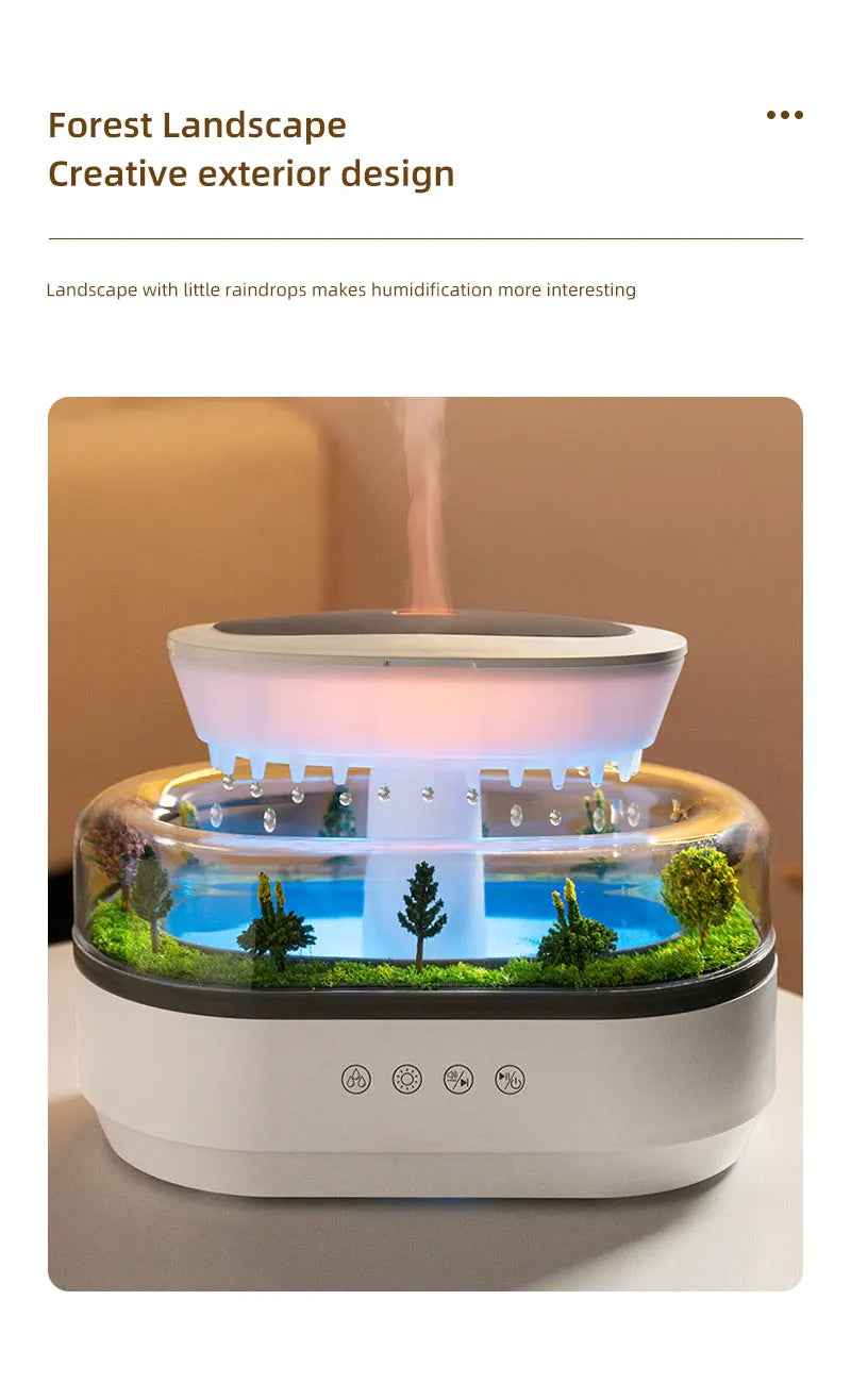 Raindrop Aroma Diffuser – Ultrasonic Humidifier with White Noise & Colorful LED Lights