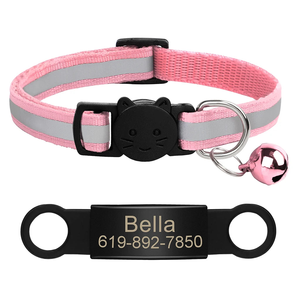 Personalized Reflective Cat Collar with Engraved ID Tag & Bell