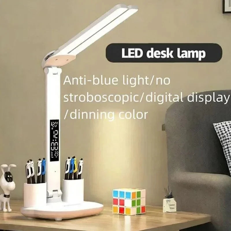 LED Desk Lamp with Clock & Temperature Display – USB Rechargeable Touch Control Reading Light