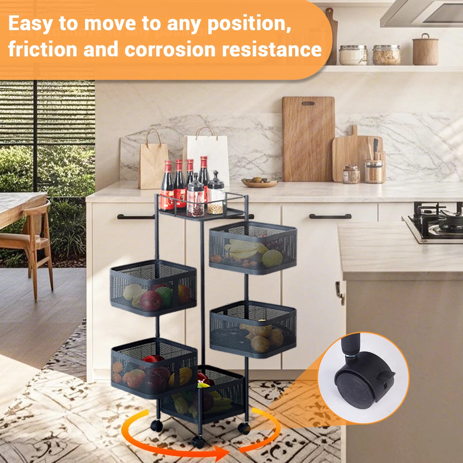 5-Tier Rotating Storage Rack with Wheels – Rolling Kitchen Organizer Basket Shelf