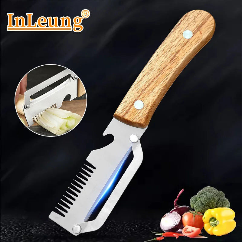 3-in-1 Stainless Steel Vegetable Peeler with Wooden Handle – Fruit & Potato Peeler with Built-In Bottle Opener