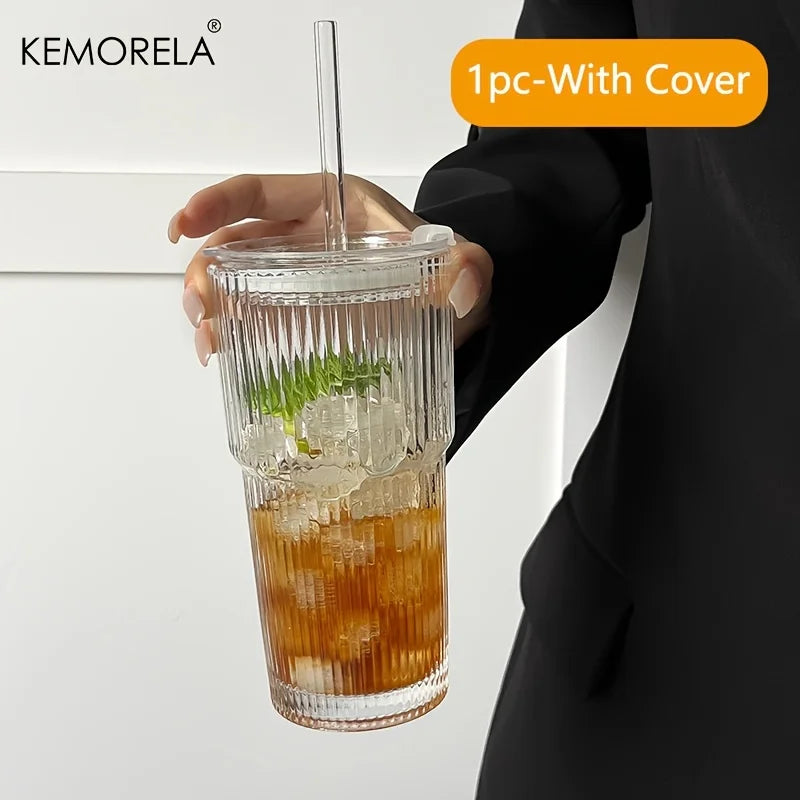 600ml Ribbed Glass Coffee Cup with Lid & Straw – Transparent Tumbler for Iced Coffee, Juice & Cold Drinks