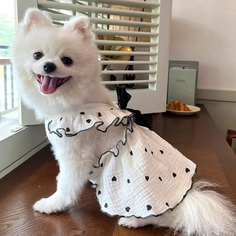 Heart Print Dog Dress with Bow – Cute Summer Princess Outfit for Small Dogs & Cats