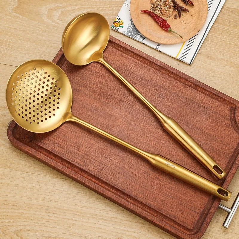 Gold Stainless Steel Soup Spoon Set (1–7 PCS) – Multifunction Noodle, Rice & Hot Pot Serving Spoon