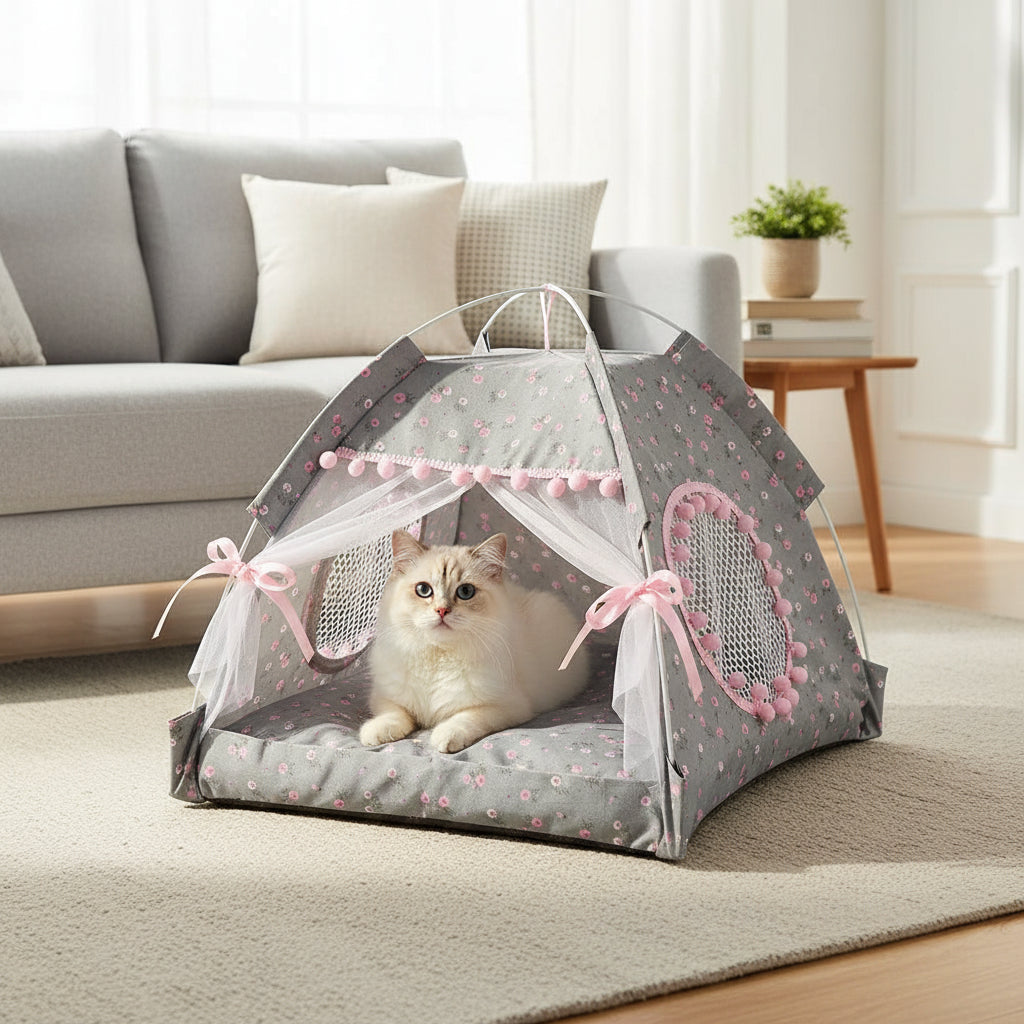 Foldable Princess Pet Bed – Floral Cat & Dog Tent House with Removable Cushion