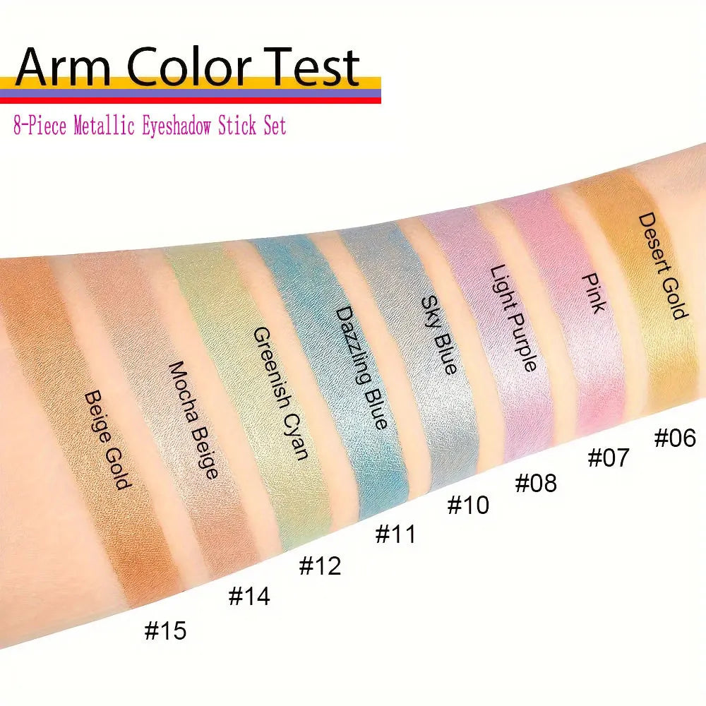 Set 8 crayons fards à paupières métalliques, paillettes champagne et highlighter, waterproof, longue tenue, couleurs marron, corail, noir