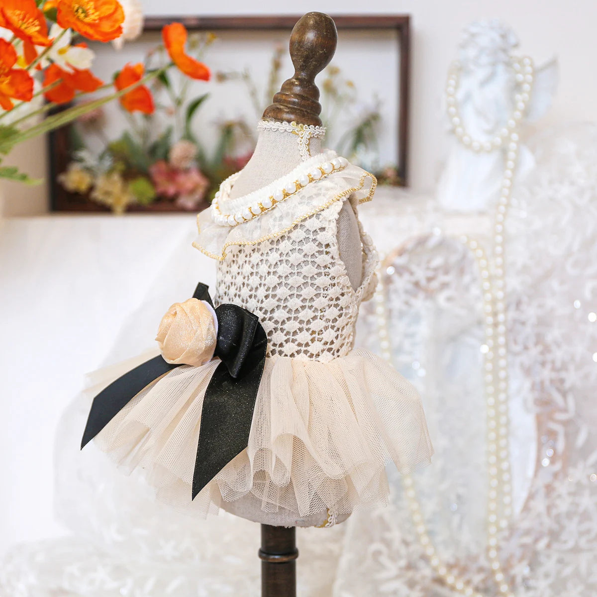 Luxury Pearl Lace Pet Wedding Dress – Coco Style Tutu for Small Dogs & Cats