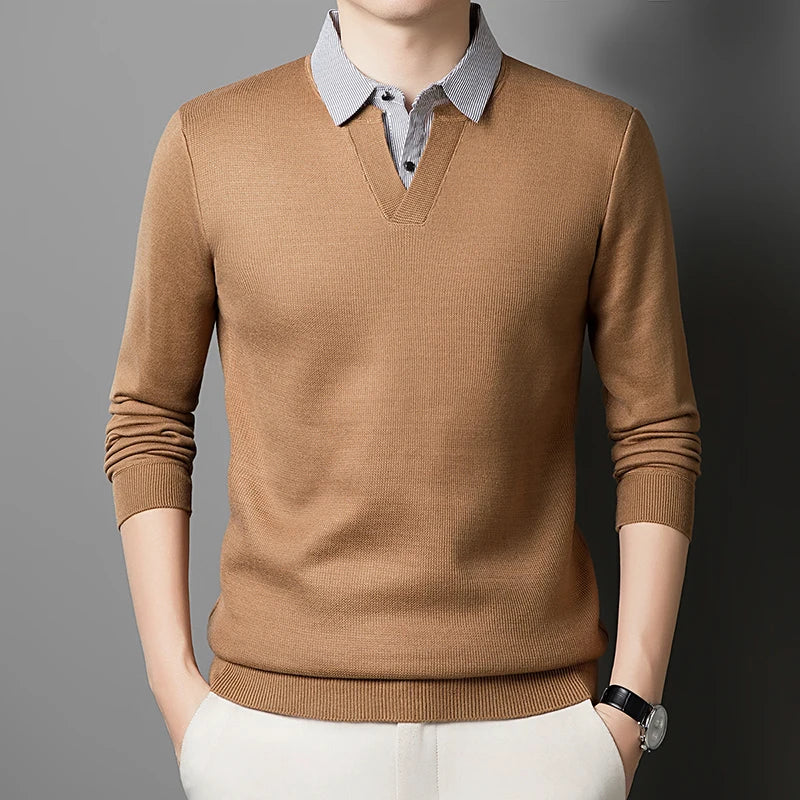 Faux pull deux pièces pour hommes, haut de Base à motif gaufré, col de chemise d'affaires, T-shirt à manches longues pour hommes, nouvelle collection automne et hiver