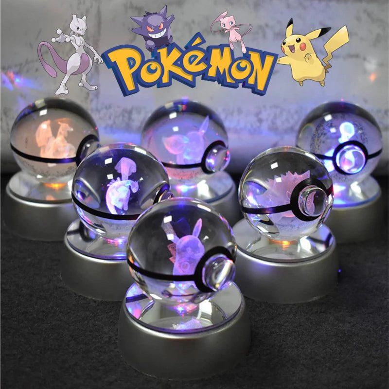 3D Pokémon Crystal Ball Night Light – Pikachu, Gengar & Mewtwo LED Glass Lamp