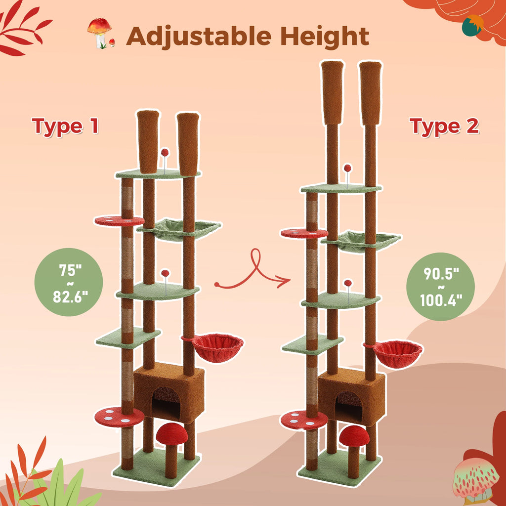 Floor-to-Ceiling Adjustable Wooden Cat Tree – Cat Tower with Hammock & Condo