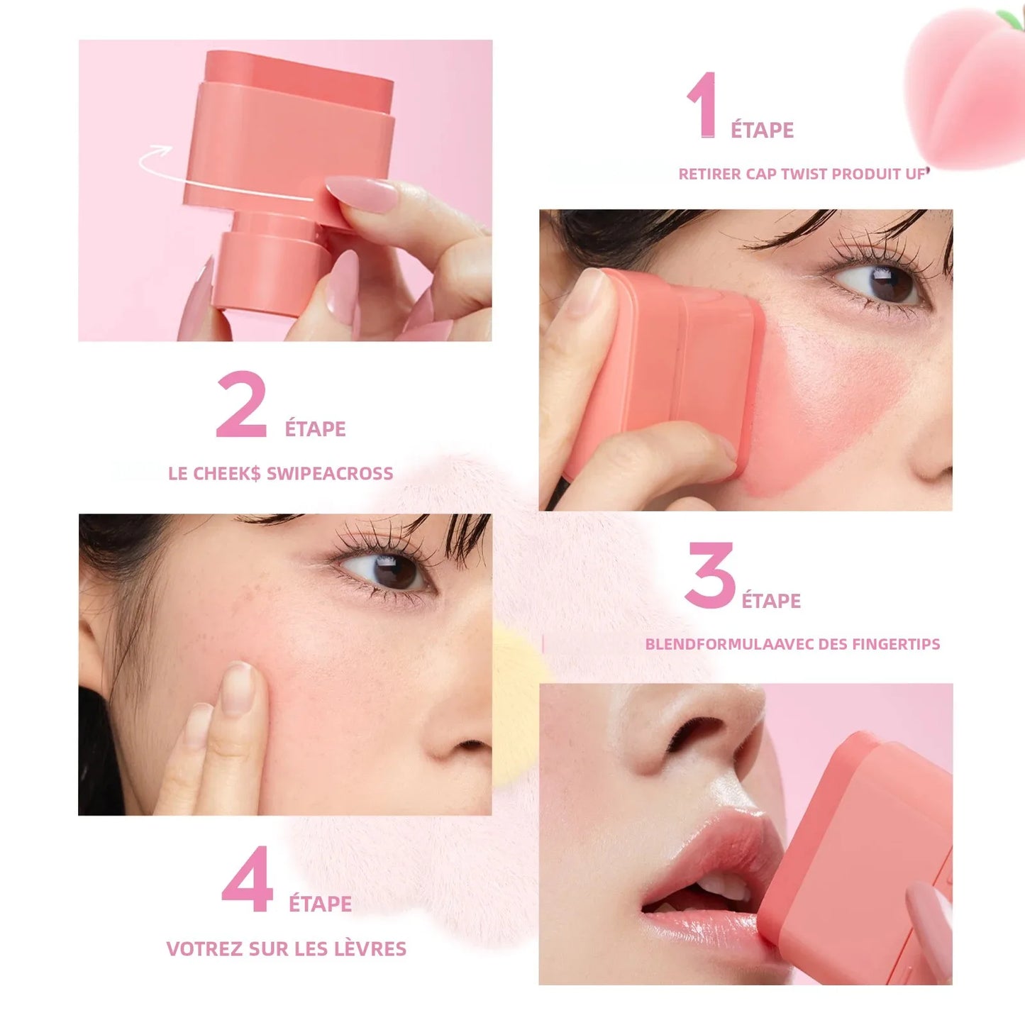 Blush Stick Longue Tenue 2 en 1 — Teinte pour Lèvres et Joues, Waterproof, Saveur Fruité, Crème Illuminatrice pour Contouring, Texture Crémeuse et Facile à Estomper