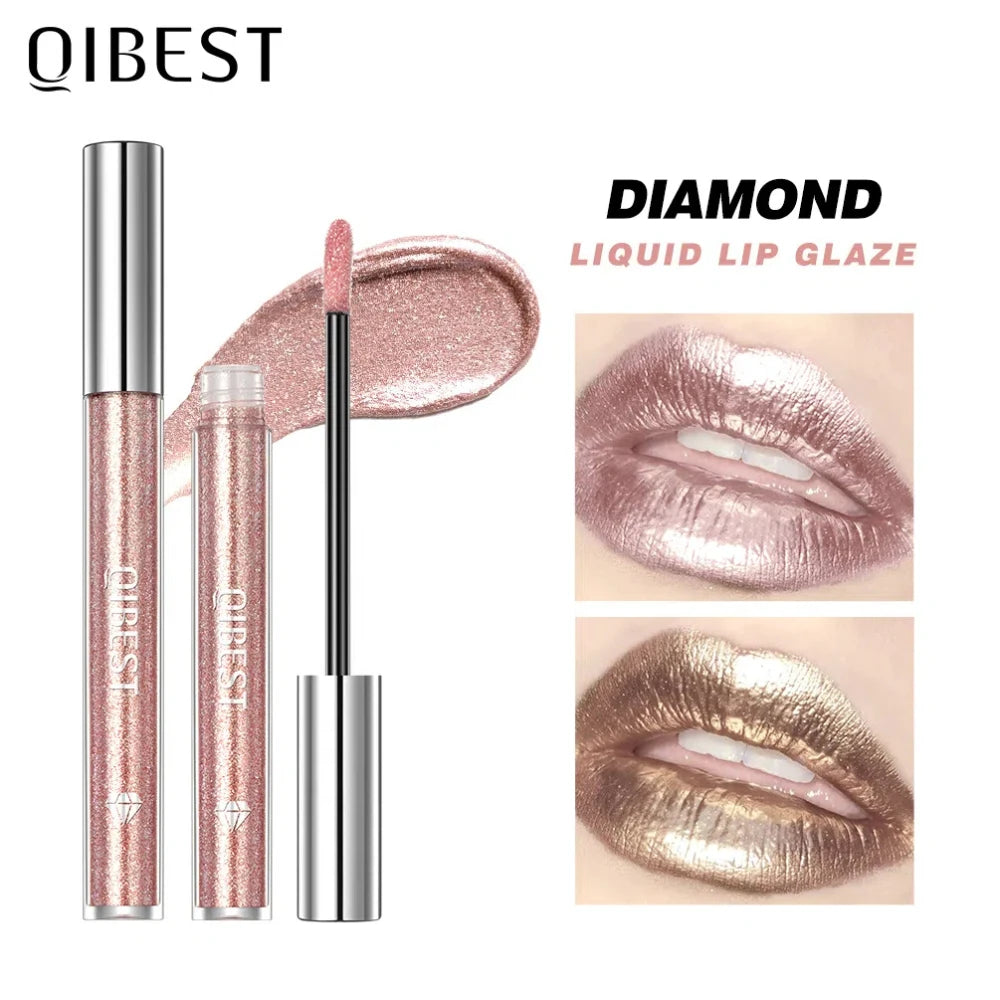 QIBEST diamant brillant à lèvres liquide rouge à lèvres fard à paupières double usage hydratant miroir nacré lèvres glaçure antiadhésive tasse maquillage