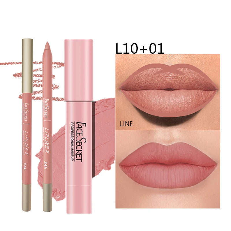 Set Rouge à Lèvres Mat + Crayon – Waterproof, Longue Tenue, Couleur Intense