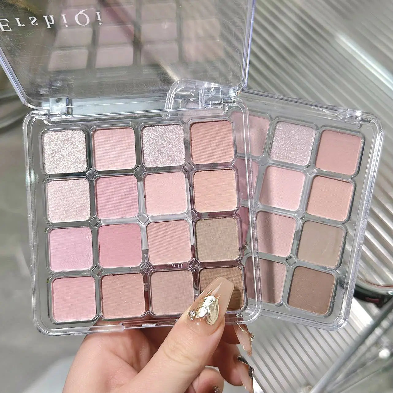 Palette fards à paupières 16 couleurs, rose et pêche, mats et nacrés pailletés, pigments, waterproof, longue tenue, tons terre coréens