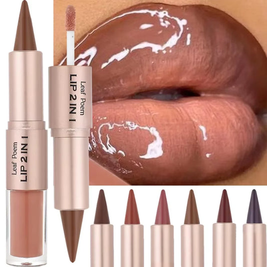 Crayon à Lèvres 2-en-1 à Pointe Effilée – Dégradé Nude Marron, Gloss Fini Miroir, Mat, Waterproof, Contour des Lèvres, Anti-Transfert