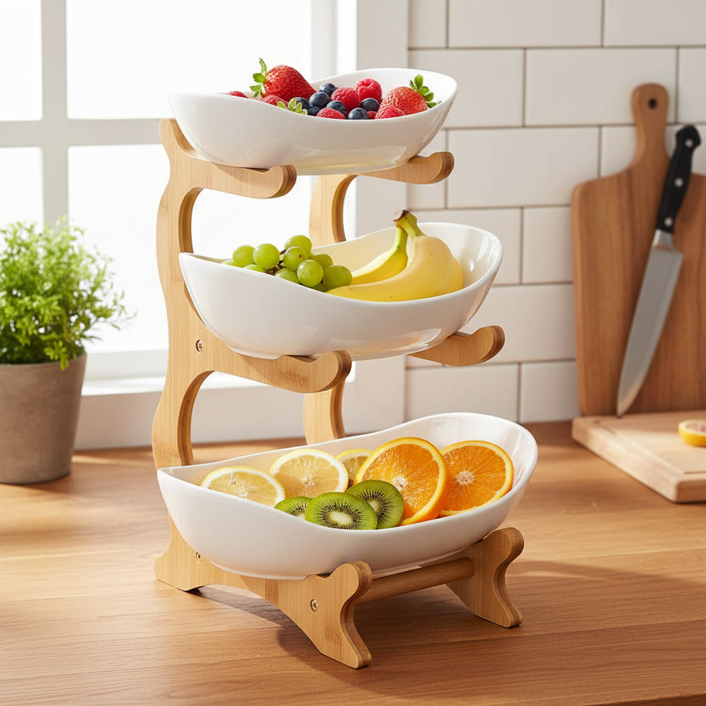 3-Tier Wooden Fruit & Vegetable Basket with Wooden Legs – Kitchen Storage Organizer