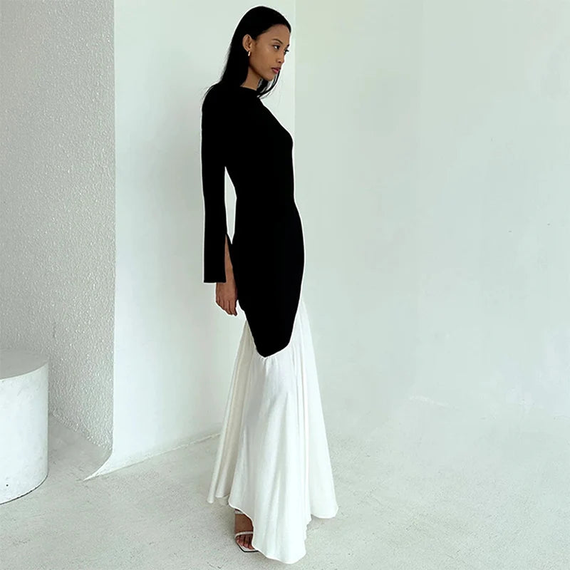 Robe Femme Patchwork Noir et Blanc à Queue de Poisson – Col Rond, Taille Haute, Style Ins, Maxi et Midi Élégante à Contraste