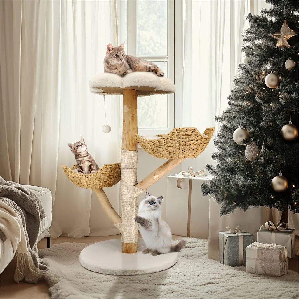 110 cm Modern Wooden Cat Tree – Climbing Tower with Scratching Post & Activity Center