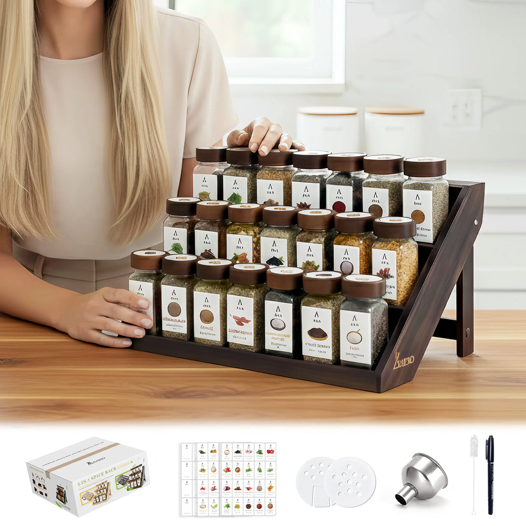 3-Tier Wooden Spice Rack with 12/21 Glass Spice Jars – Kitchen Storage Organizer