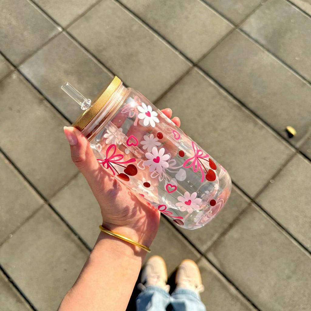 500ml Cute Bow Glass Tumbler with Lid & Straw – Mason Jar Style Cup for Iced Coffee, Juice & Smoothies