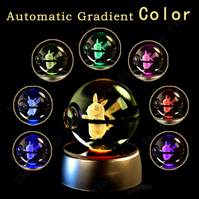 3D Pokémon Crystal Ball Night Light – Pikachu, Gengar & Mewtwo LED Glass Lamp