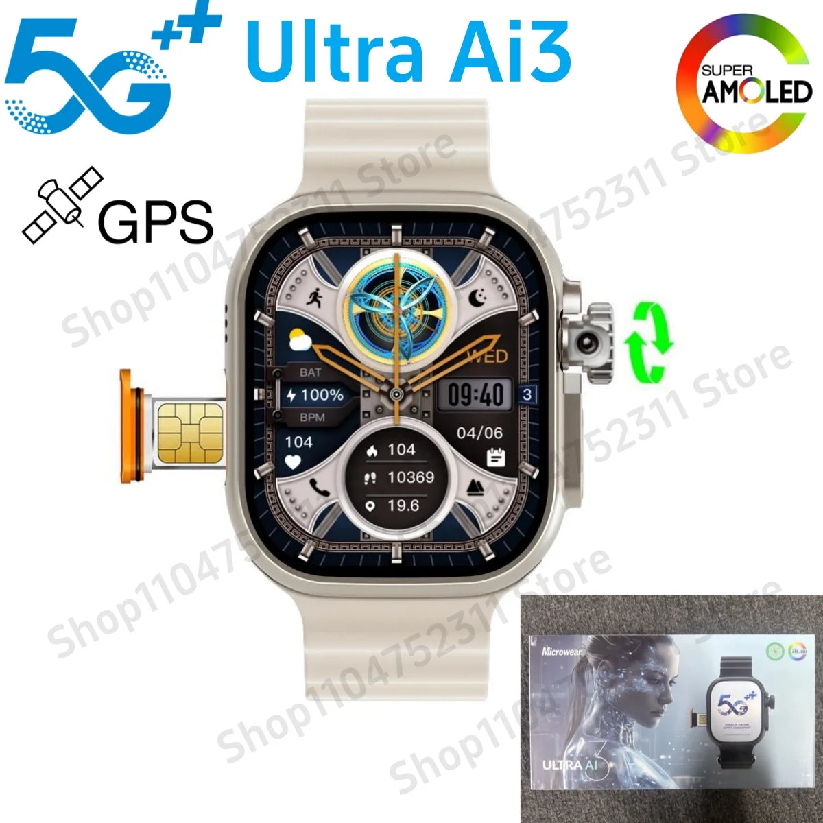 Montre connectée Ultra Ai3 d'origine 5G 180 °   Caméra rotative Google Play GPS WIFI 2.2 pouces Amoled HD affichage 4G appelant montre intelligente hommes