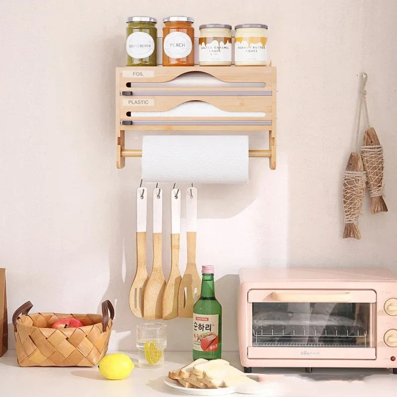 Bamboo Wall Mounted Kitchen Organizer – Cling Film & Foil Cutter Storage Box