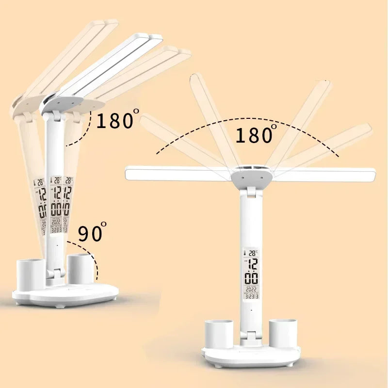 LED Desk Lamp with Clock & Temperature Display – USB Rechargeable Touch Control Reading Light