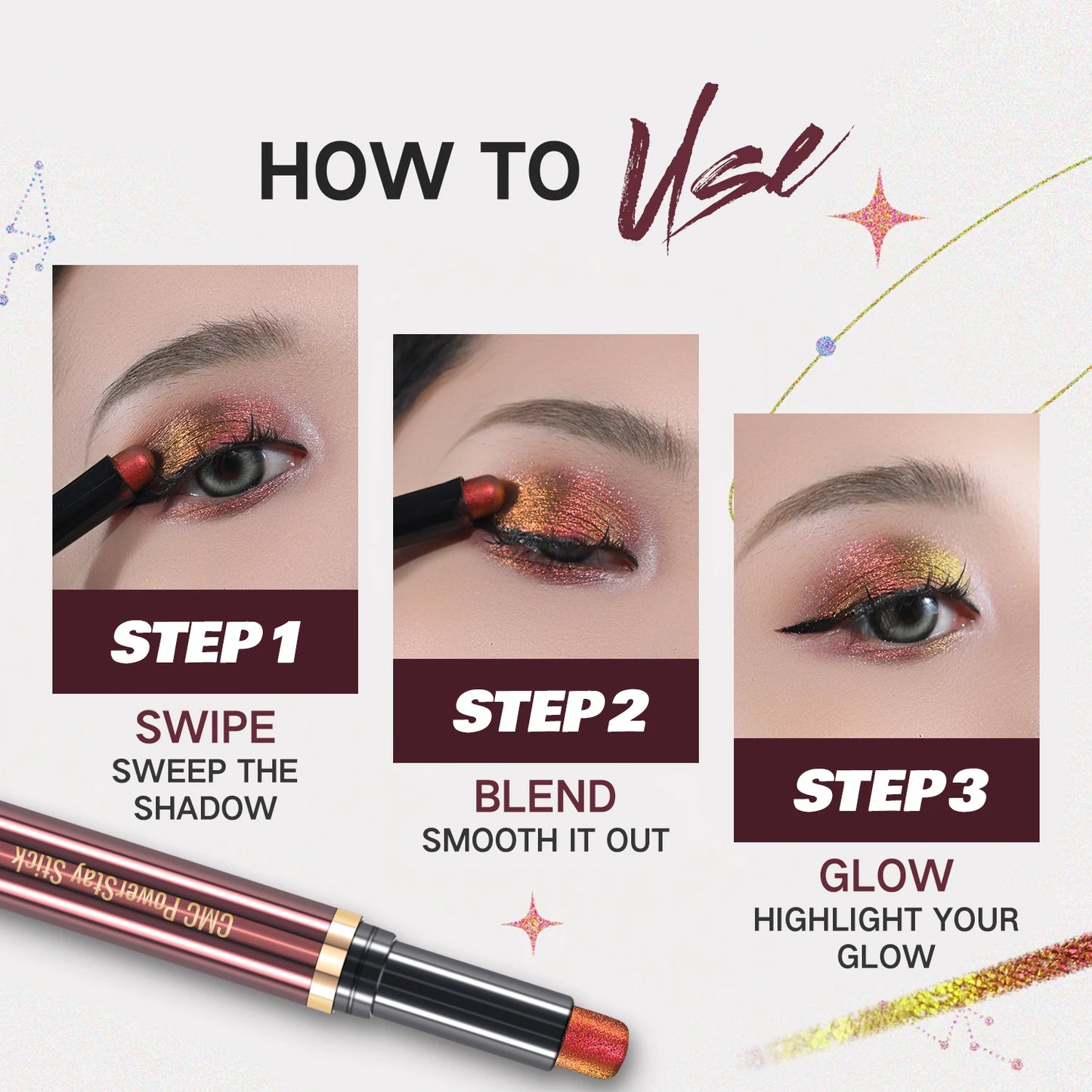 Crayon fard à paupières  double embout, multichrome pailleté, waterproof, maquillage professionnel