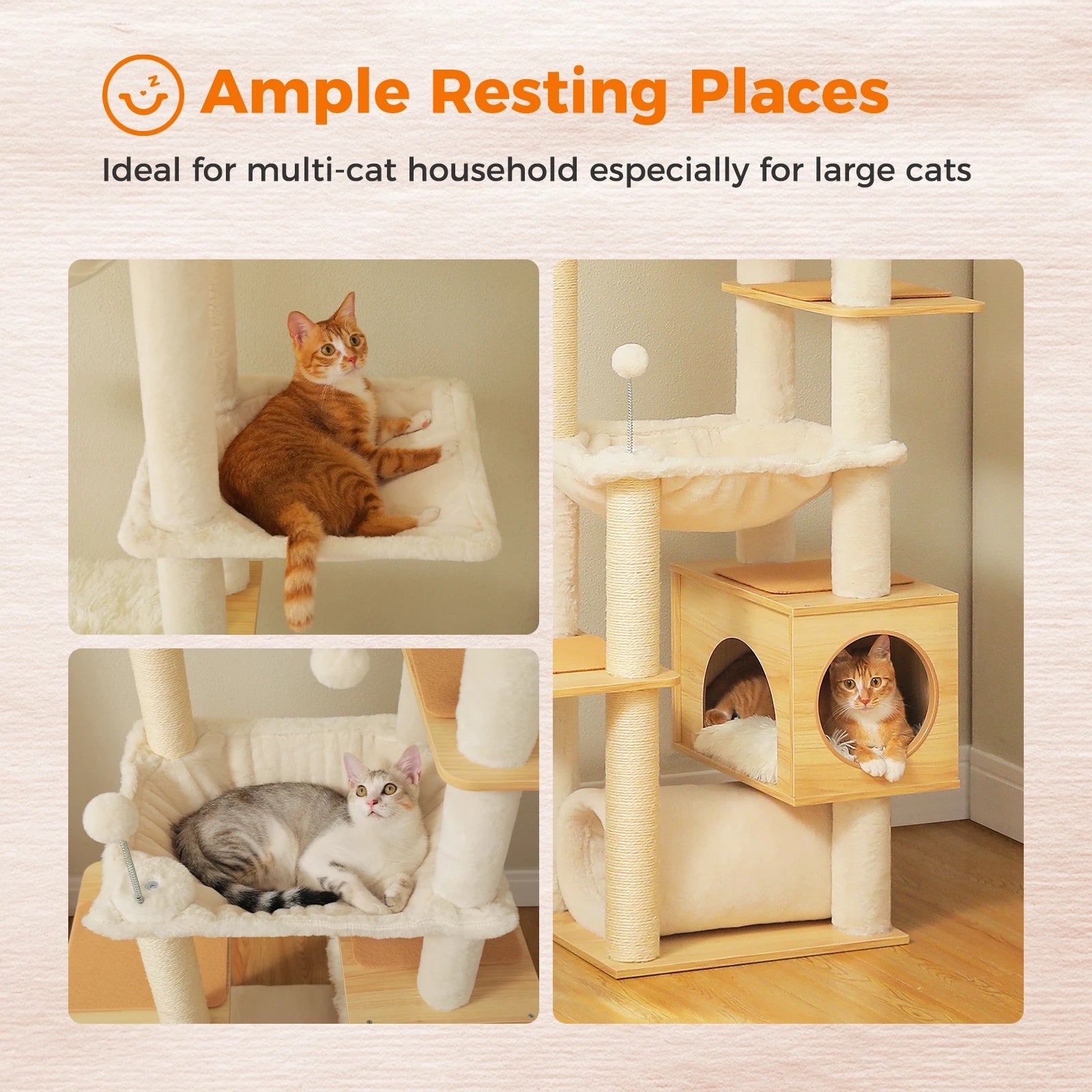 Floor-to-Ceiling Adjustable Wooden Cat Tree – Cat Tower with Hammock & Condo