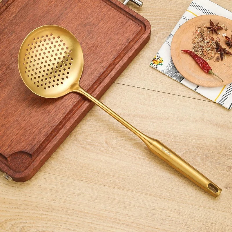 Gold Stainless Steel Soup Spoon Set (1–7 PCS) – Multifunction Noodle, Rice & Hot Pot Serving Spoon