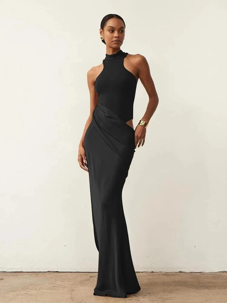 Robe Longue Femme Satin Sexy – Col Ajouré, Sans Manches, Taille Haute, Noir, Automne 2025