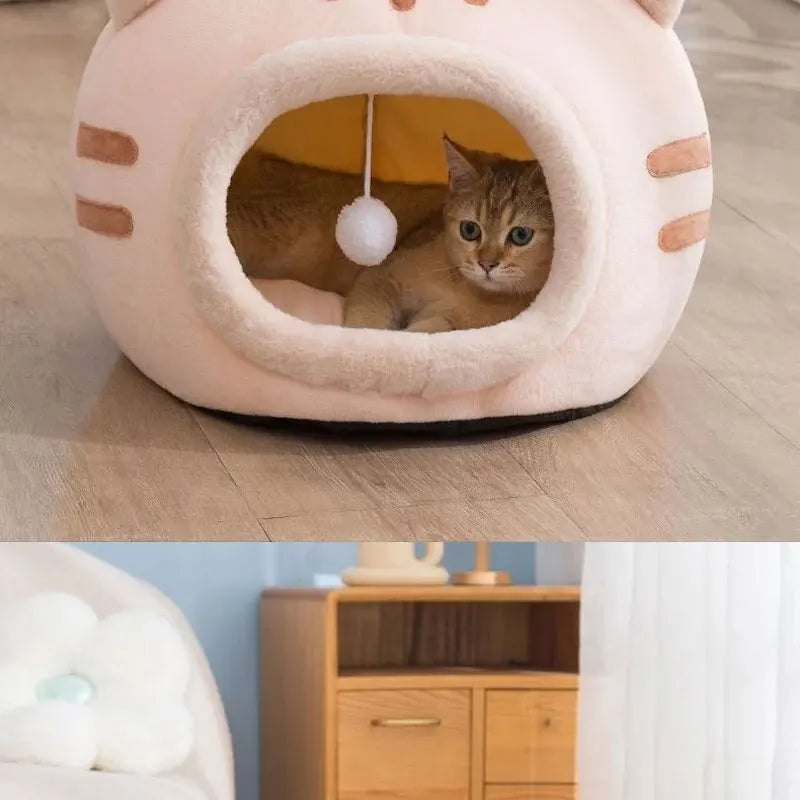Plush Cat Cave Bed – Warm Foldable Pet House with Non-Slip Base