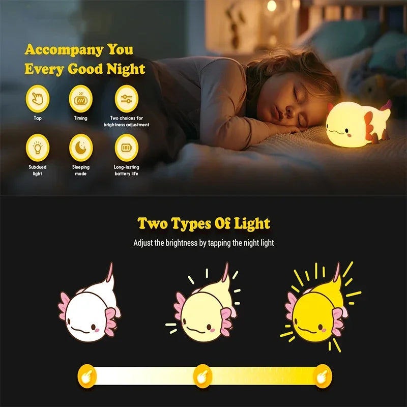 Cute Axolotl Night Light – USB Rechargeable Silicone Lamp for Kids & Nursery