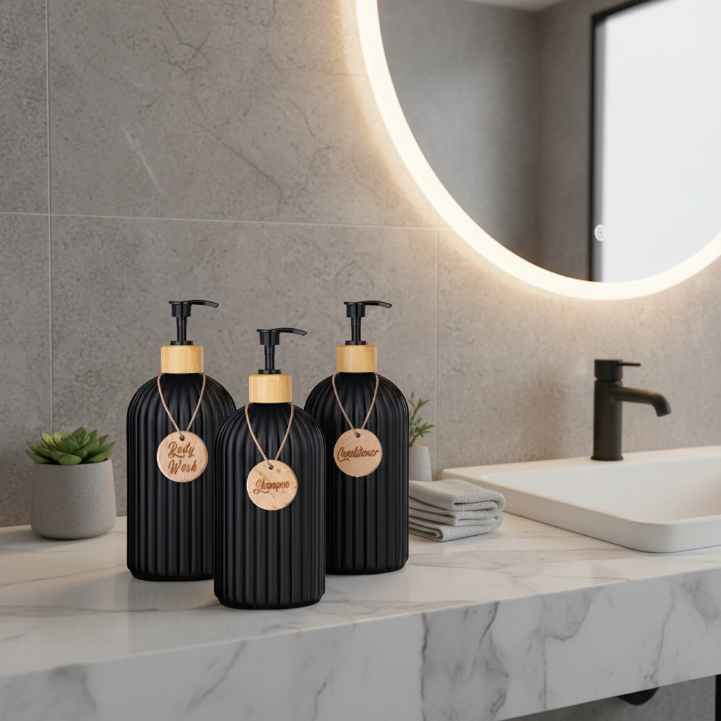 Striped Soap Dispenser with Bamboo Pump – Refillable Kitchen & Bathroom Bottle