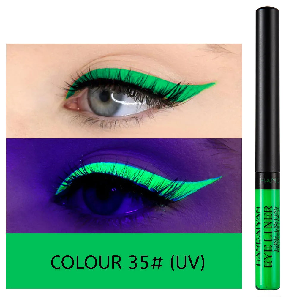 Eyeliner Néon UV — stylo liquide waterproof, fini mat, couleurs vives jaune, rouge et violet, maquillage yeux