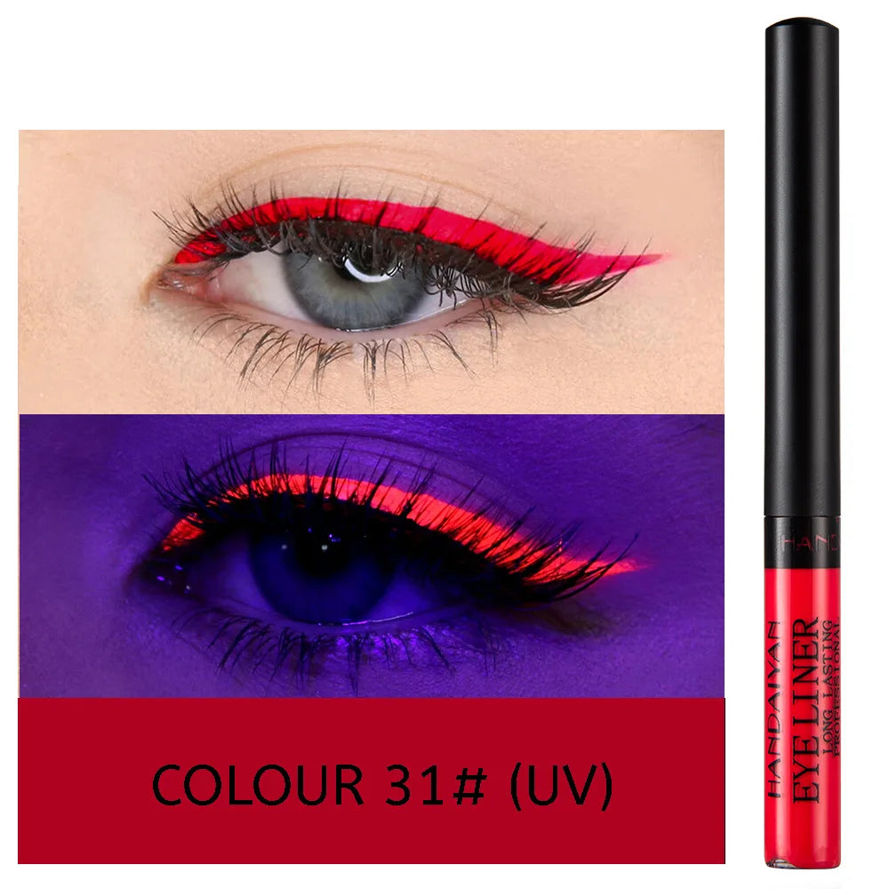 Eyeliner Néon UV — stylo liquide waterproof, fini mat, couleurs vives jaune, rouge et violet, maquillage yeux