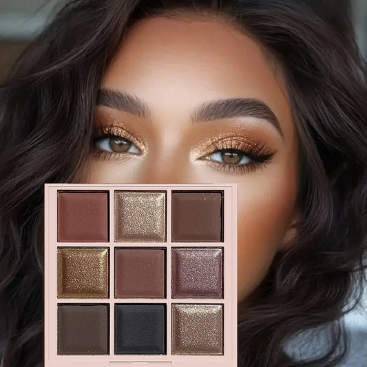 Palette fards à paupières 9 couleurs – Marron café et nude métallisé, mat et pailleté, maquillage smoky pour soirée et scène