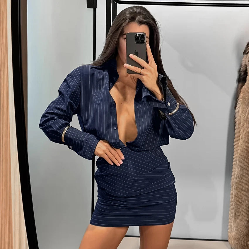 Robe Chemise Rayée à Taille Haute pour Femme